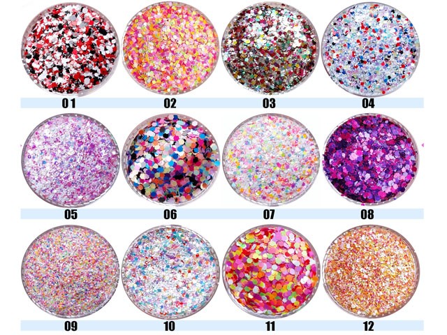 12er Set Nailart MIX Pailetten in 12 Formen Bunt AGP-132
