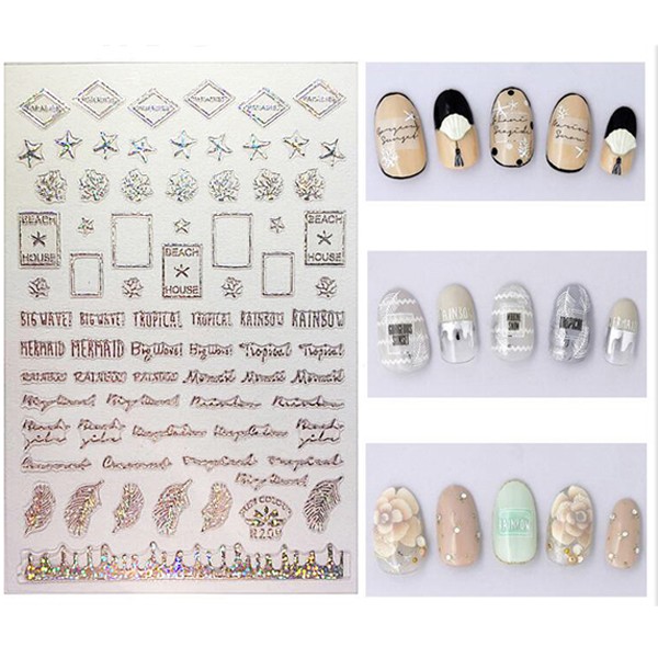 Nail Art STICKER Aufkleber selbstklebende Wörter Silber R209-2