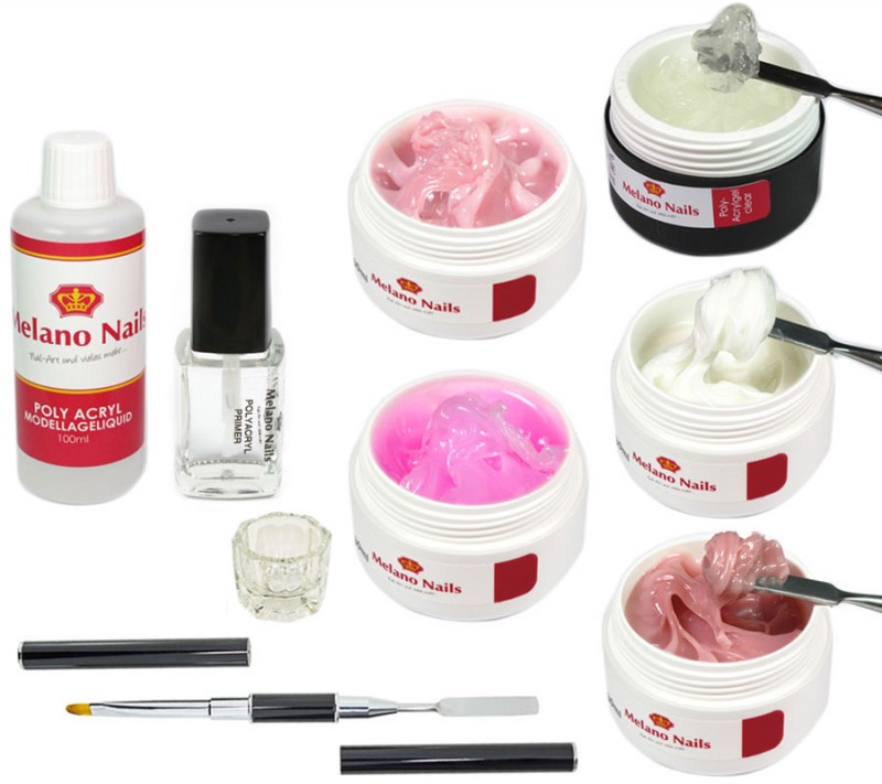 Poly Acryl Acrylgel Polygel 9tlg UV LED Gel mit Pinsel Spatel 5 x 15ml Set-99
