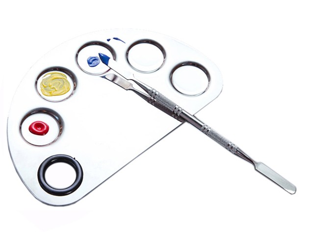 Schale Stahl mit Spatel Mischpalette 5 Aufteilungen Halbrund SO-166