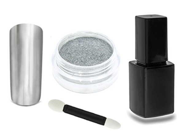 Chrom Pigment Puder 1g Silber, UV Finish 12ml, Applikator Set-59