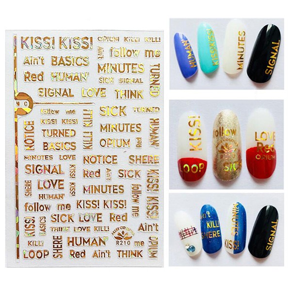 Nail Art STICKER Aufkleber Motiv Wörter Kiss Love Gold R210-1